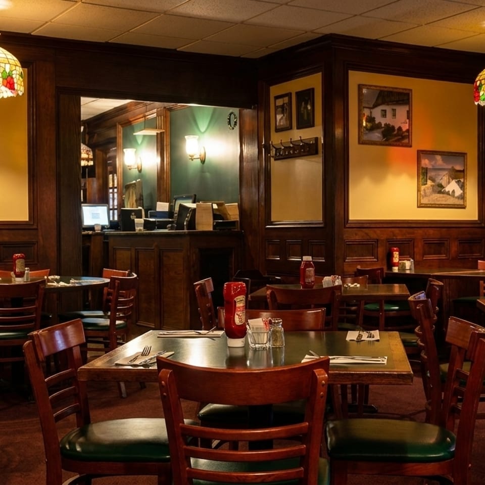 A cozy restaurant dining room with wooden tables, green chairs, and stained-glass lamps.
